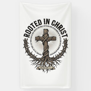 Rooted in Christ Cross Vintage Engraving Christian Banner