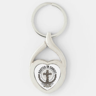 Rooted in Christ Cross Vintage Engraving Christian Key Ring