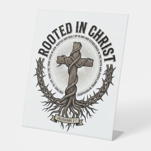 Rooted in Christ Cross Vintage Engraving Christian Pedestal Sign