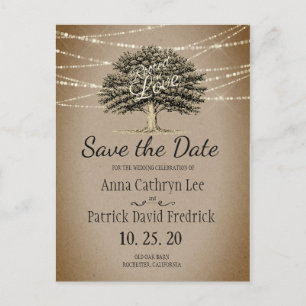 Rooted in Love Rustic Tree String Lights Save Date Announcement Postcard