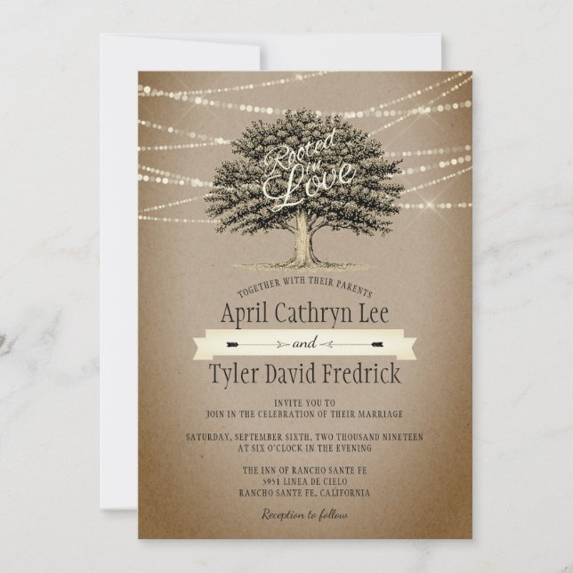 Rooted in Love Rustic Tree String Lights Wedding Invitation (Front)