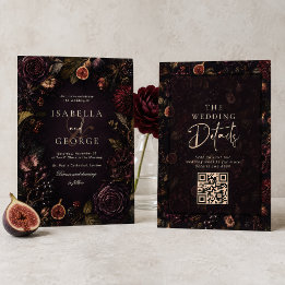 Rooted Romance Moody Burgundy Floral Wedding Invitation