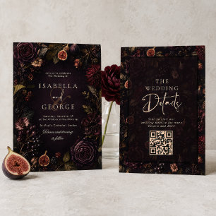 Rooted Romance Moody Burgundy Floral Wedding Invitation