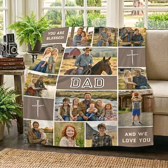 Roots of Faith 12 Photo Dad Name Inline Mocha Fleece Blanket (Creator Uploaded)
