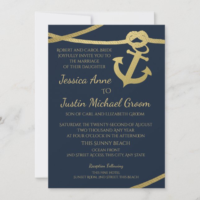 Rope Anchor Gold and Navy Blue Wedding Invitation (Front)
