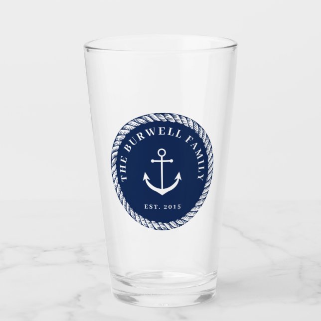 Rope & Anchor Navy Blue Add Your Name Glass (Front)