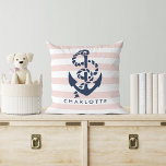 Rope & Anchor Pink Stripe Nautical Personalised Cushion<br><div class="desc">Design features a classic navy blue anchor and rope illustration on a pink and white stripe background. Personalise with a name or text of your choice,  or simply delete the sample text to leave blank. Coordinating accessories available in our shop!</div>