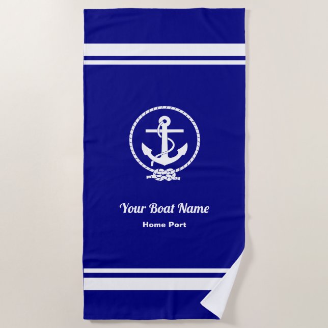 Rope and Anchor Nautical Navy Blue Beach Towel (Front)