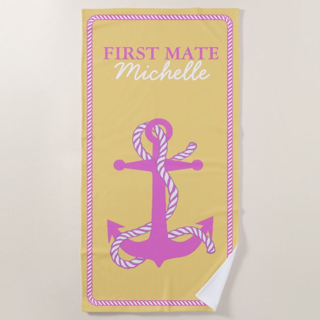 Rope and Anchor Pink First Mate ID402 Beach Towel (Front)