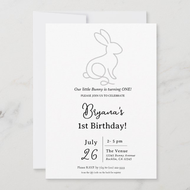 Rope Bunny Rabbit Minimal Modern 1st Birthday Invitation (Front)