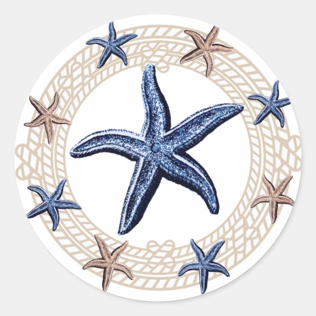 Rope Wreath Nautical Navy Blue White Tan Starfish  Classic Round Sticker (Front)