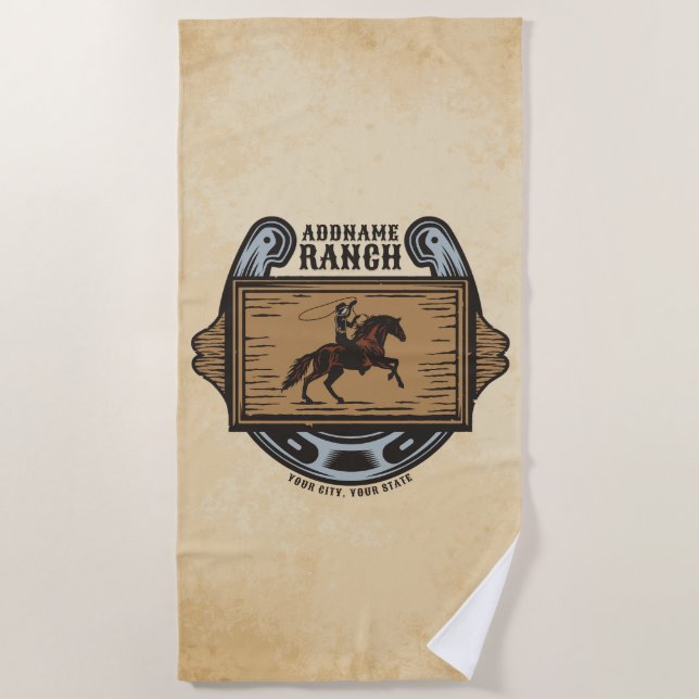 Roping Cowboy ADD NAME Western Family Horse Ranch Beach Towel (Front)