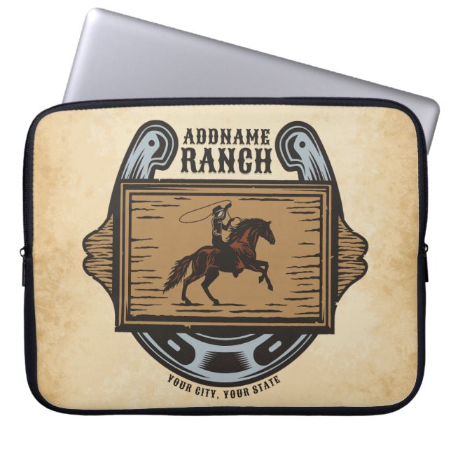 Roping Cowboy ADD NAME Western Family Horse Ranch Laptop Sleeve (Front)