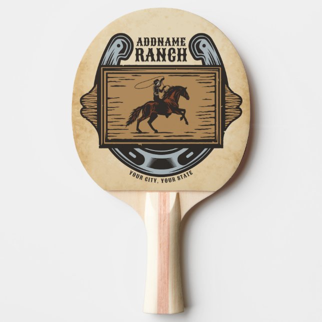 Roping Cowboy ADD NAME Western Family Horse Ranch Ping Pong Paddle (Front)