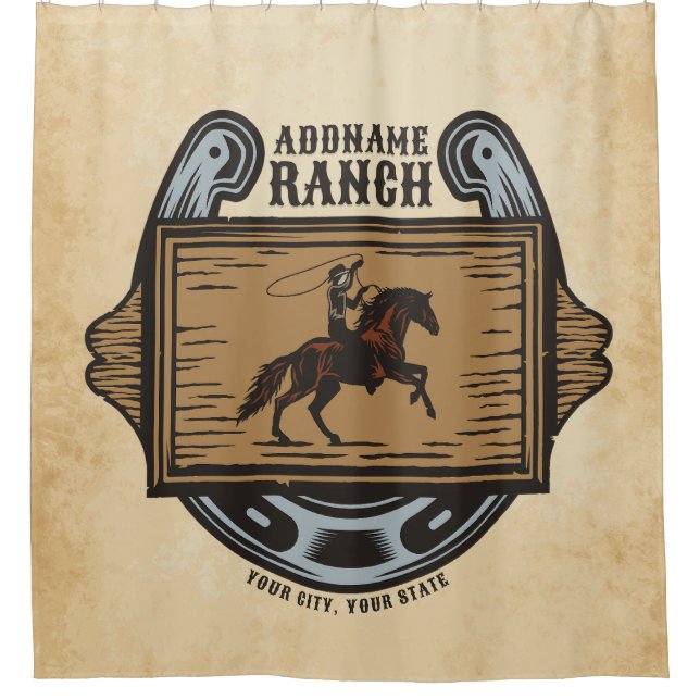 Roping Cowboy ADD NAME Western Family Horse Ranch Shower Curtain (Front)