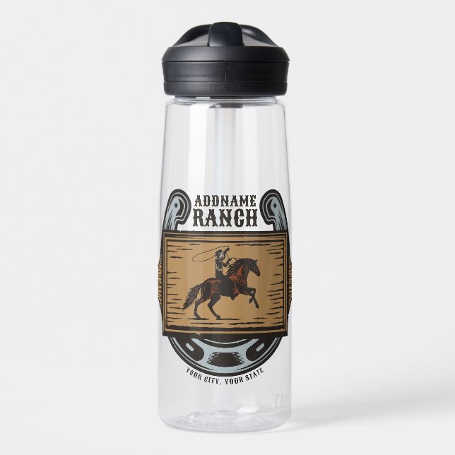 Roping Cowboy ADD NAME Western Family Horse Ranch Water Bottle (Front)