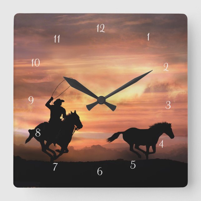 Roping Cowboy and Wild Horse Square Wall Clock (Front)