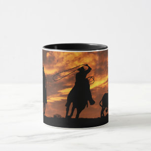 Roping Cowboys at Sunset Steer Mug