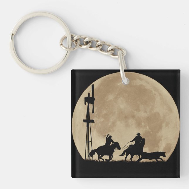 Roping Cowboys with Steer and Windmill and Moon Key Ring (Front)