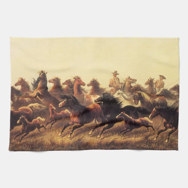 Roping Wild Horses by James Walker Tea Towel (Horizontal)