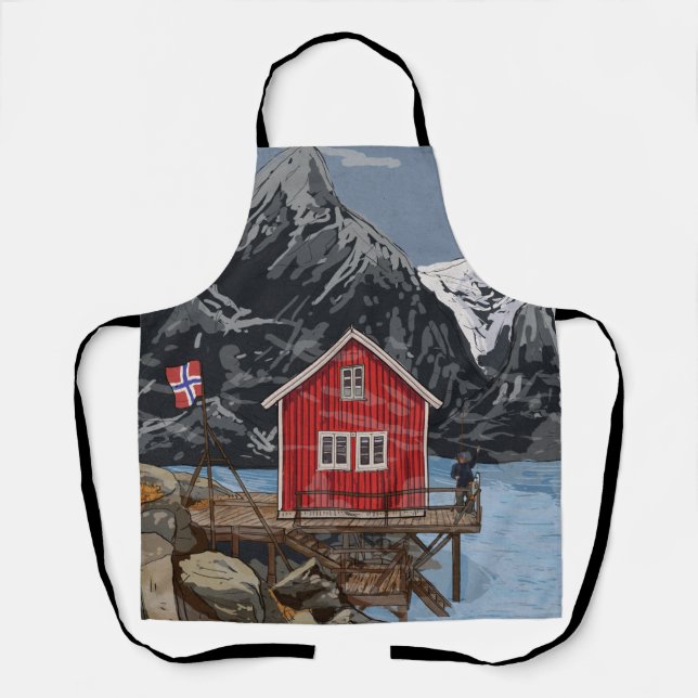 Rorbu Lofoten Bergen Norway Landscape Illustration Apron (Front)