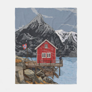 Rorbu Lofoten Bergen Norway Landscape Illustration Fleece Blanket