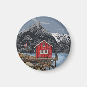 Rorbu Lofoten Bergen Norway Landscape Illustration Magnet