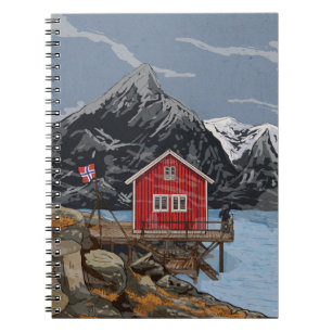 Rorbu Lofoten Bergen Norway Landscape Illustration Notebook