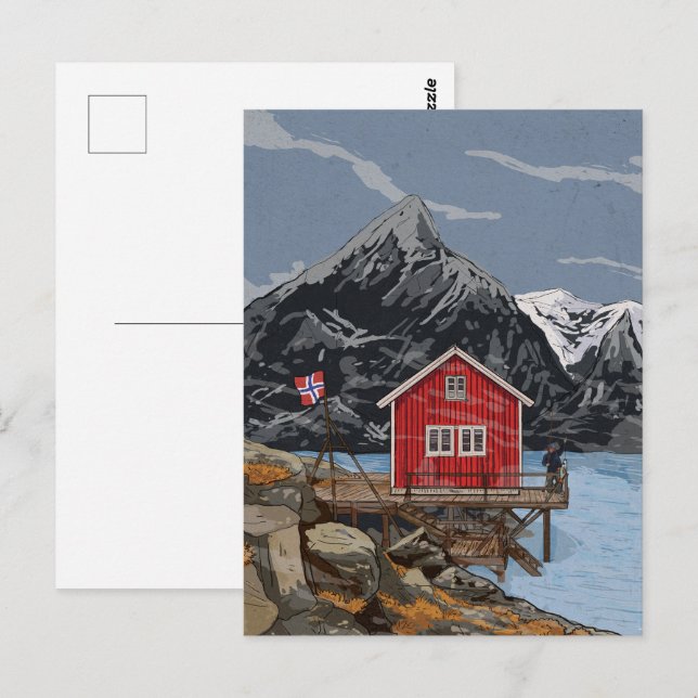 Rorbu Lofoten Bergen Norway Landscape Illustration Postcard (Front/Back)