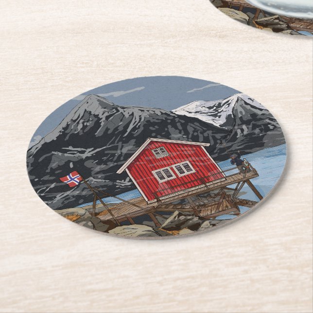 Rorbu Lofoten Bergen Norway Landscape Illustration Round Paper Coaster (Angled)