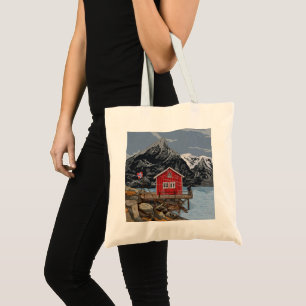 Rorbu Lofoten Bergen Norway Landscape Illustration Tote Bag