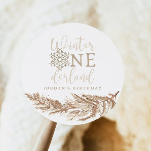 RORY Boho Beige Winter Wonderland First Birthday Classic Round Sticker