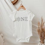 RORY Snowflake ONE 1st Birthday Party Baby Baby Bodysuit<br><div class="desc">This baby one piece jumper features a silver glittery snowflake and the word 'one' for a winter onderland themed first birthday party. Pair with anything from the Rory collection for a cohesive gender neutral 1st birthday celebration.</div>