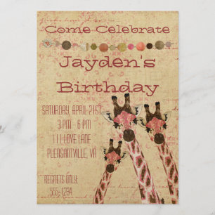 Rosa & Copper Giraffes Birthday Invitation