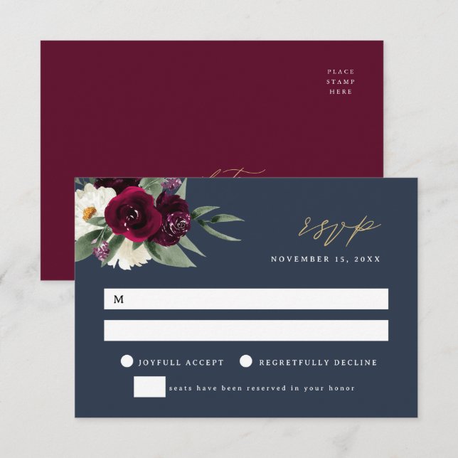 ROSA Elegant Navy & Burgundy Wedding RSVP Card (Front/Back)