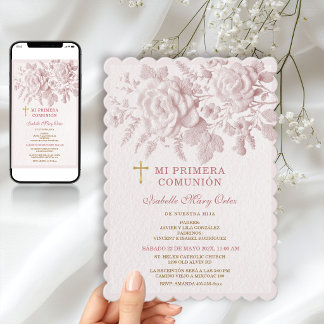 Rosa Floral Primera Comunión Niña Cruz Dorada Invitation