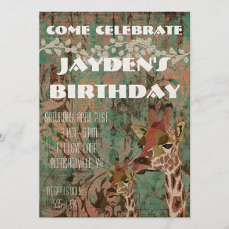 Rosa Giraffes Damask  Birthday Invitation