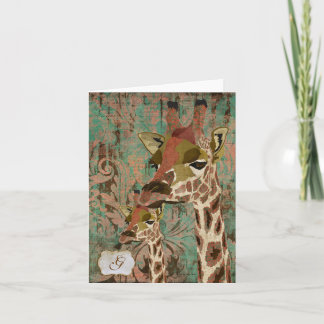 Rosa Giraffes Damask Monogram Notecard