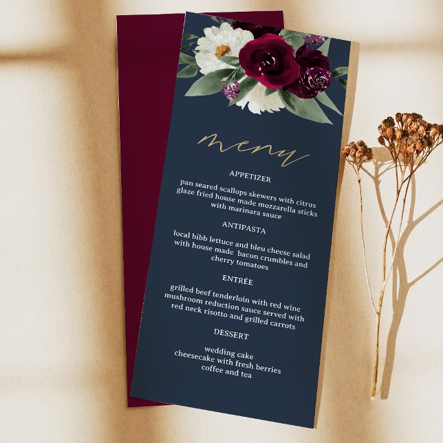 ROSA Rich Burgundy Floral Navy Blue Long Menu Card (Creator Uploaded)