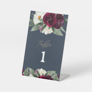 ROSA Rich Burgundy Floral Navy Blue Table Number Pedestal Sign