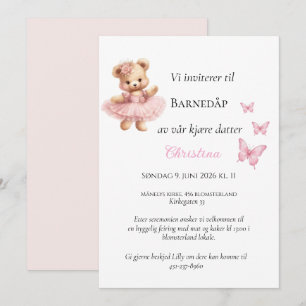Rosa Sløyfe Bamse Dåpsinvitasjon Invitation