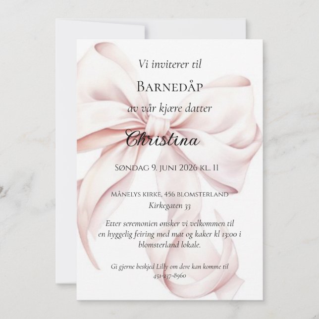 Rosa Sløyfe Barnedåp Invitasjon Invitation (Front)