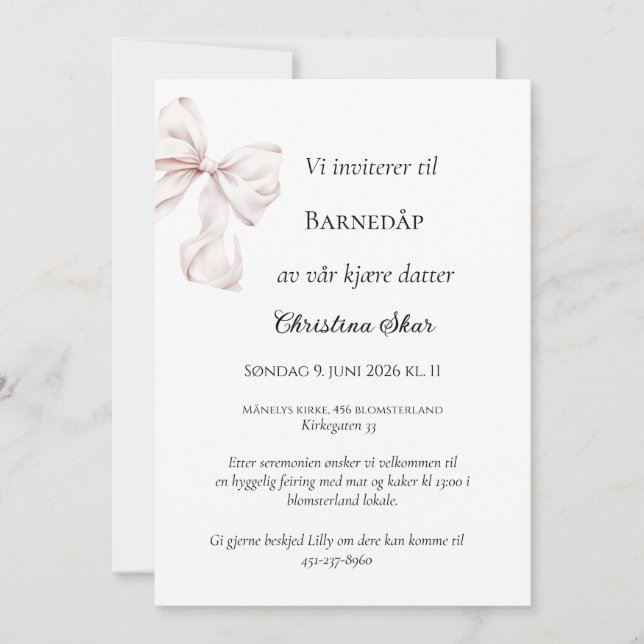 Rosa Sløyfe Dåpsinvitasjon Invitation (Front)