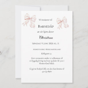 Rosa Sløyfe Dåpsinvitasjon Invitation