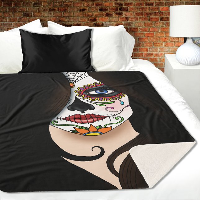 Rosa Sugar Skull Portrait Sherpa Blanket (Creator Uploaded)