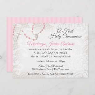 Rosary and Lace First Communion Pink Invitation