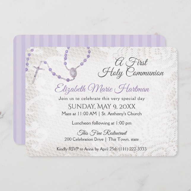 Rosary and Lace First Communion Violet Invitation (Front/Back)