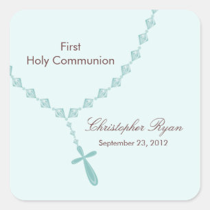 Rosary Beads First Holy Communion Boy Blue Square Sticker