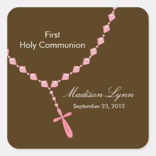 Rosary Beads First Holy Communion Pink Brown Square Sticker