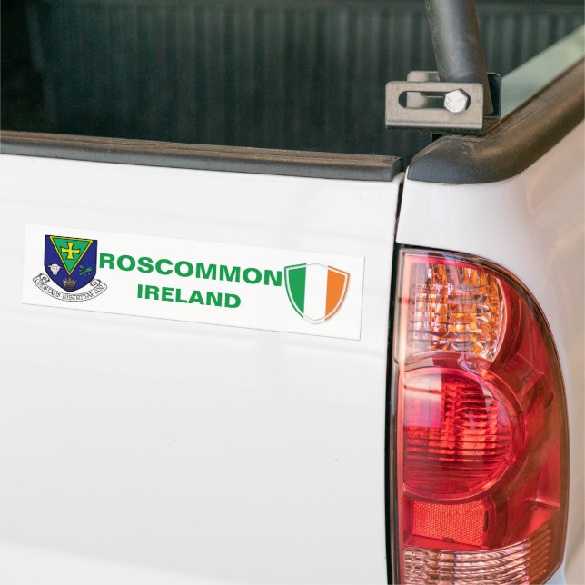 Roscommon Ireland Crest and Irish Flag Bumper Sticker (On Truck)